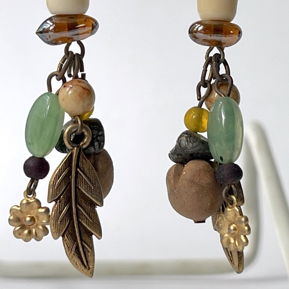 Vintage Robert Rose Long Dangle Clip Earrings Tribal Aventurine Jasper Bone Boho - Picture 7 of 9